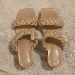 Women's Woven High-Heeled Sandals, Square-Toe, Open-Back, Thick-Heeled Size 6.5